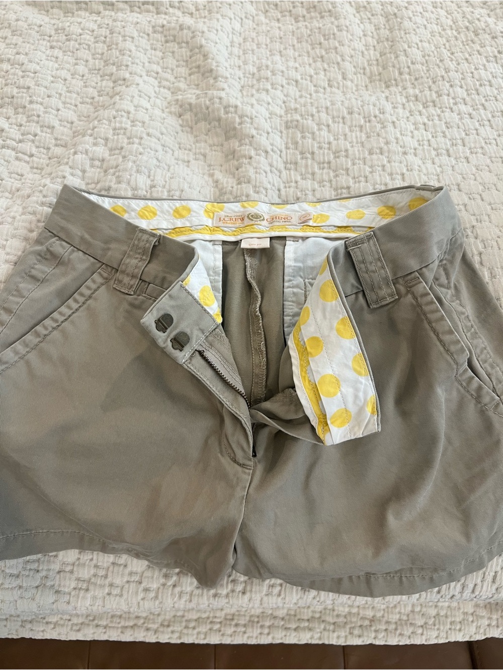 J. Crew Khaki Shorts with Yellow Polka Dot Trim